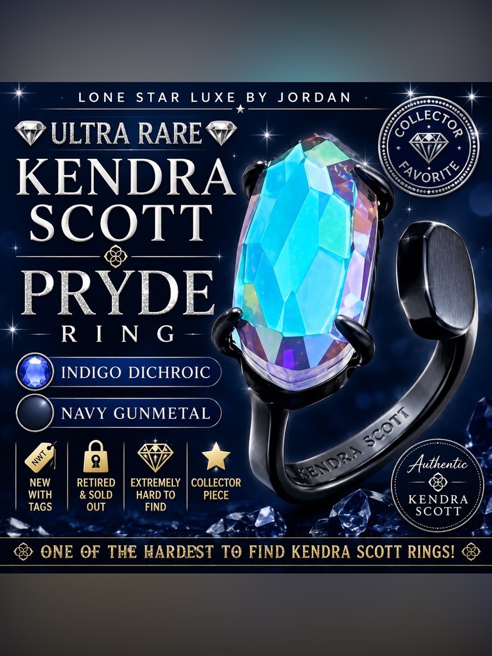 KS Pryde Ring Navy Gunmetal &I ndigo Dichroic Glass/Retired Adjustable Ring